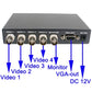 Black quad video VGA splitter rear panel with RCA inputs, VGA-out, and DC 12V