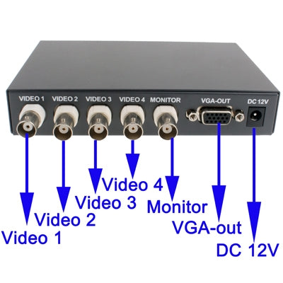 Black quad video VGA splitter rear panel with RCA inputs, VGA-out, and DC 12V