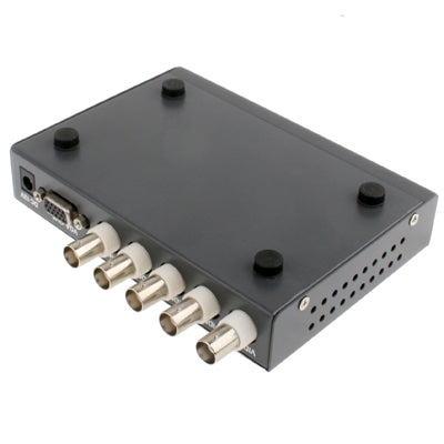 Black quad video processor with several RCA connectors on front edge