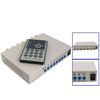 White CCTV 4-channel processor divider with remote-control keypad and blue BNC ports