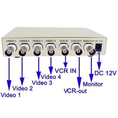 White CCTV processor divider rear panel with labeled VIDEO inputs, VCR IN, and monitor