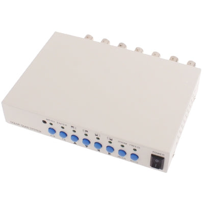 White CCTV processor divider side view with multiple front BNC connectors and DC power port