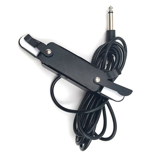 Black sound hole pickup with mounting clamp and attached cable with 1/4 in plug