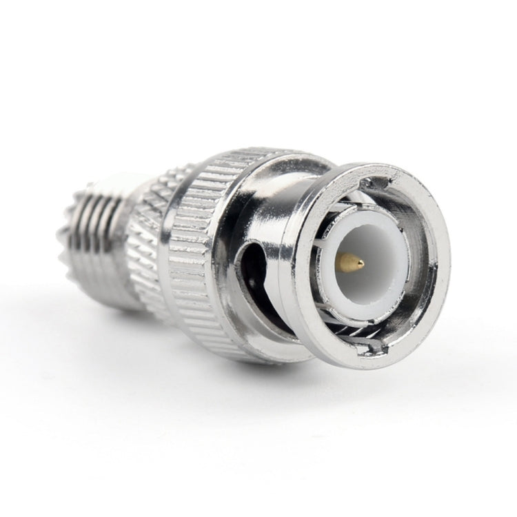 RF coaxial adapter: BNC male to mini UHF female, chrome metal connector