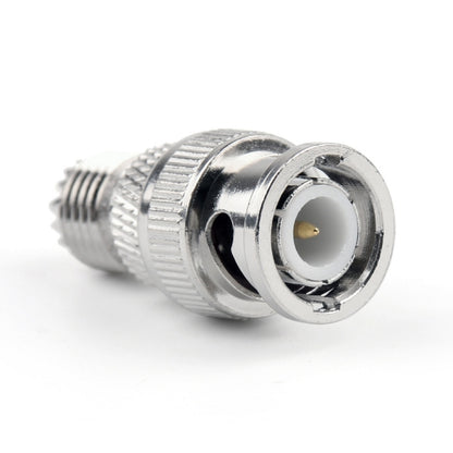 RF coaxial adapter: BNC male to mini UHF female, chrome metal connector