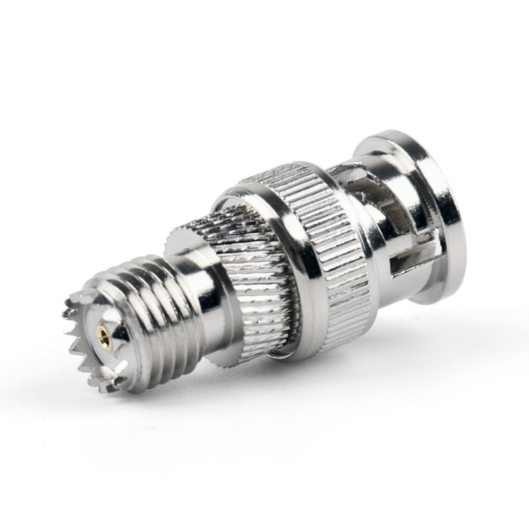 BNC male to mini UHF female RF adapter, knurled grip and threaded ends