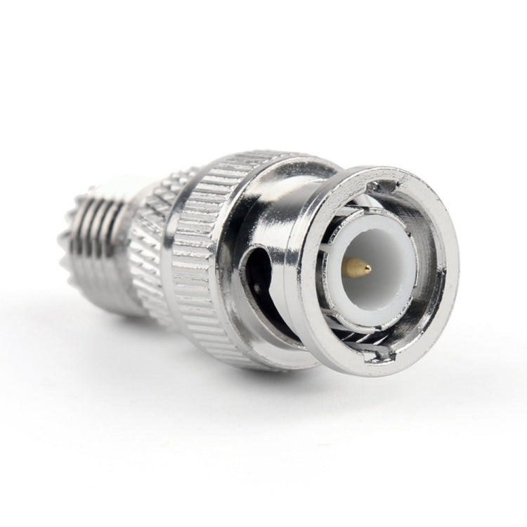 BNC male to mini UHF female RF coax adapter, front port with gold pin
