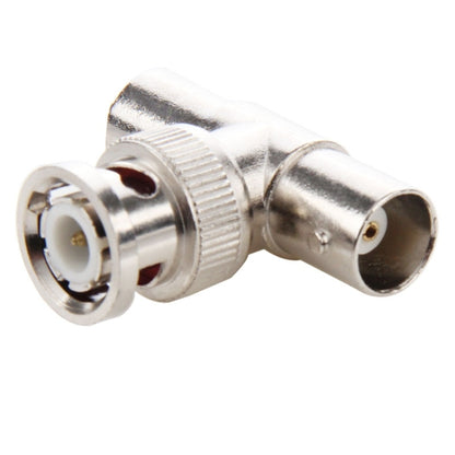 Silver BNC T-connector adapter with one male and two female ports