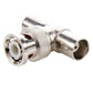 Metal BNC T-connector adapter featuring one male and dual female BNC connections