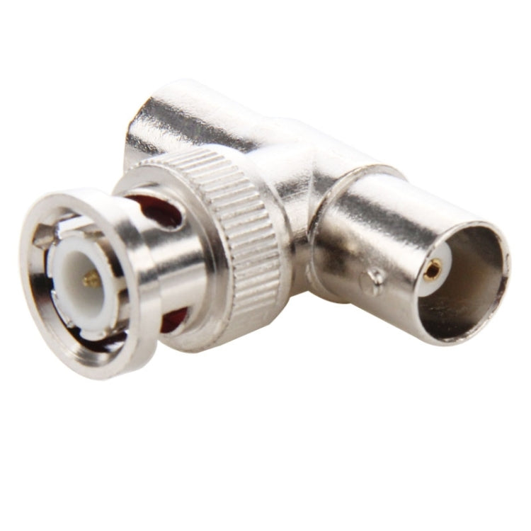 Metal BNC T-connector adapter featuring one male and dual female BNC connections