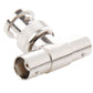 Close-up silver BNC T-connector adapter with one male and two female ports