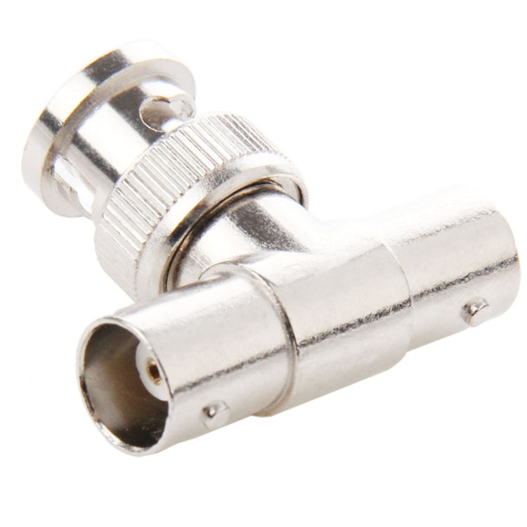 Close-up silver BNC T-connector adapter with one male and two female ports