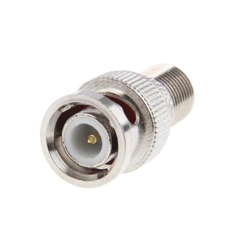 Metal BNC male plug to F jack connector, silver threaded body with center pin