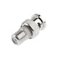 Silver BNC male plug to F jack connector, view of threaded barrel and inner pin