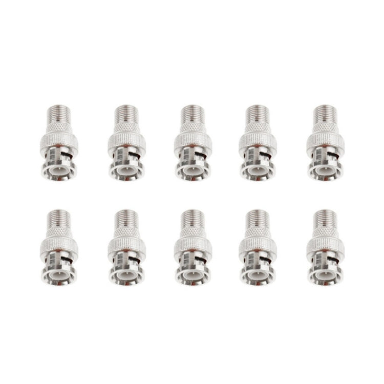 Set of 10 silver BNC plug to F jack connectors, multiple connectors shown together