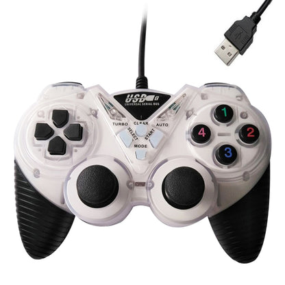 White USB wired vibration gamepad with D-pad, twin thumbsticks, and four labeled buttons