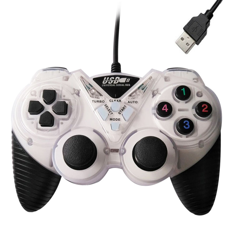White wired gamepad controller with USB plug, D-pad, twin sticks, and numbered face buttons