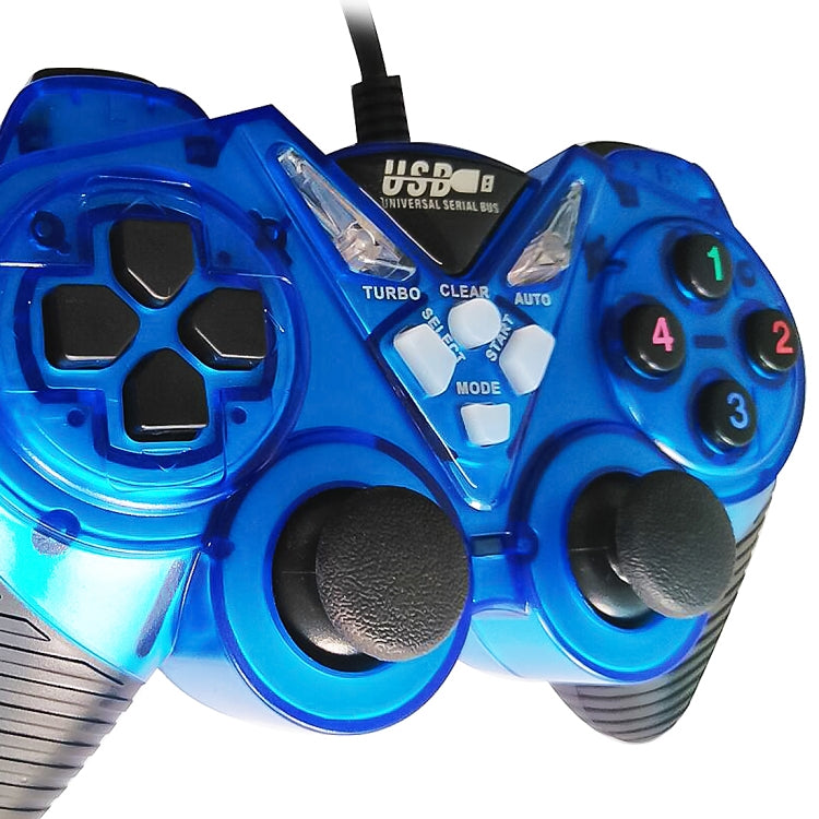Blue USB wired vibration gamepad with D-pad, twin thumbsticks, and numbered face buttons