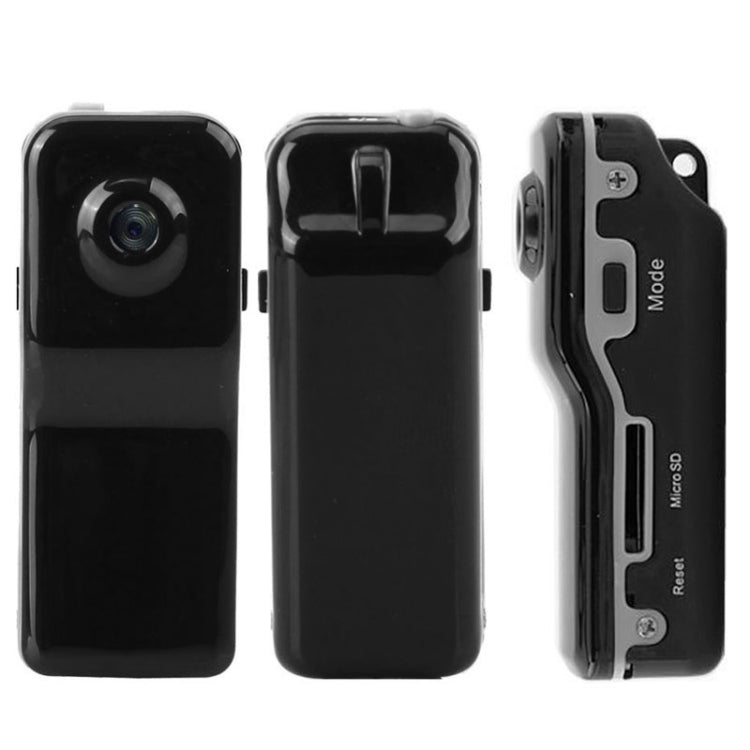MD80 mini digital camcorder shown from front, back, and side with lens and switches