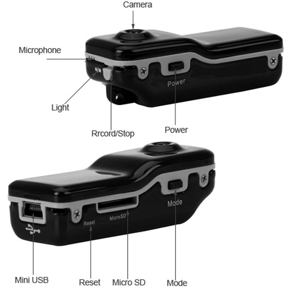 MD80 mini digital camcorder with microphone, light, record/stop, and power controls