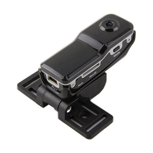 MD80 mini digital camcorder with clip mount and side ports, black casing