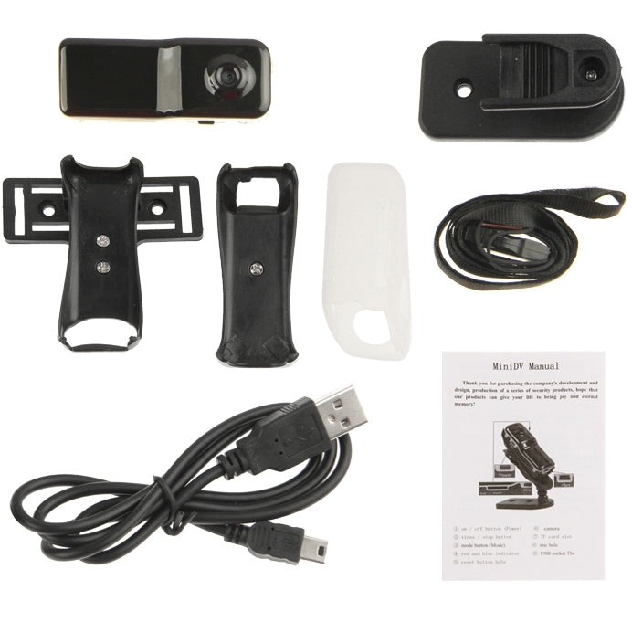 MD80 mini camcorder accessory set with mounting clip, protective cover, USB cable, and manual