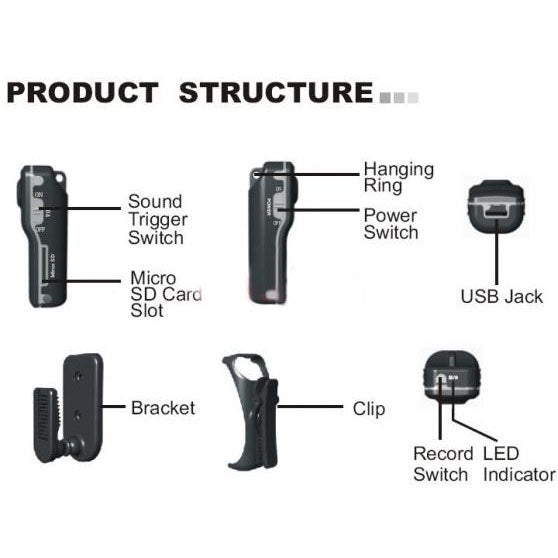 MD80 mini camcorder layout diagram showing switch, USB jack, bracket, clip, and LED
