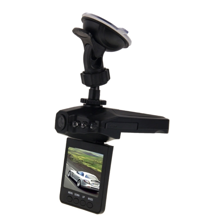 Black dash camera with suction mount and 2.5-inch LCD screen showing video.
