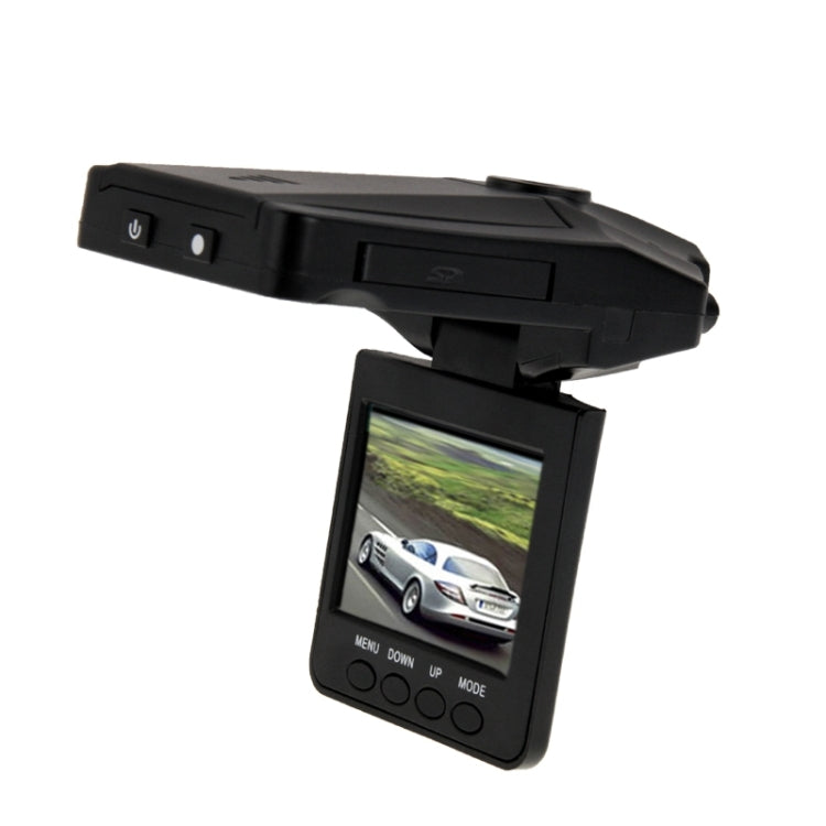 Black dash cam with front lens and tilting 2.5-inch screen display.