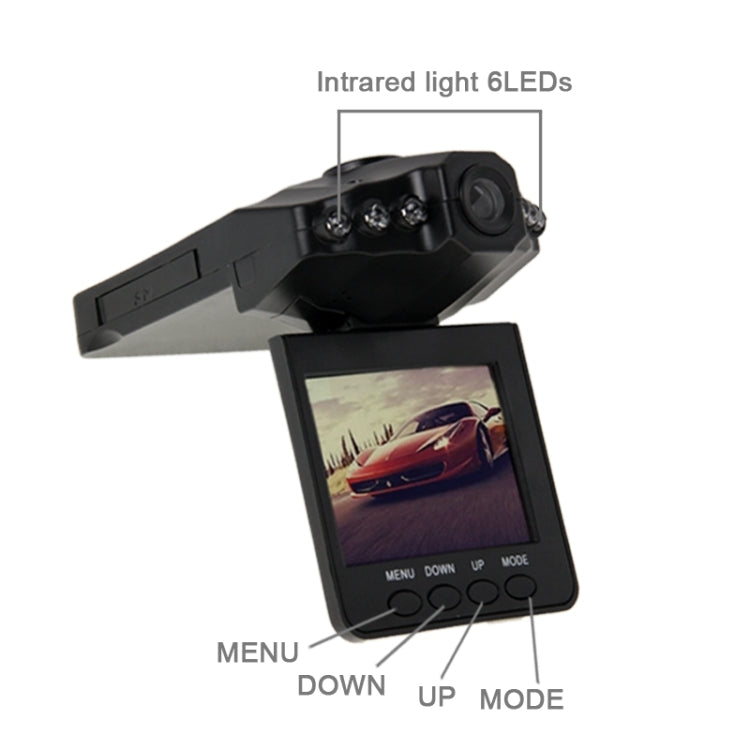 Black dash camera with 6 infrared LEDs and 2.5-inch LCD screen with buttons.