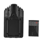 Black dash cam back view with battery door and compact memory card.