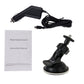 Black dash cam accessories: car power adapter, suction mount, and USB cable.