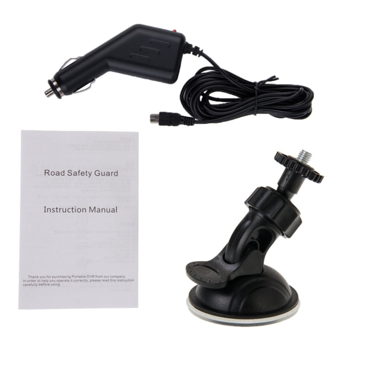 Black dash cam accessories: car power adapter, suction mount, and USB cable.