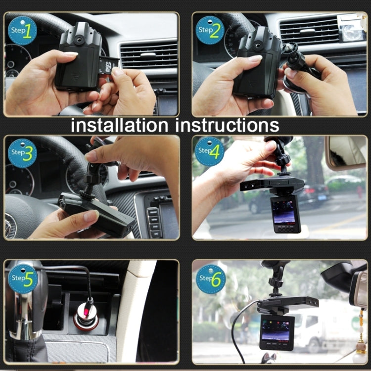 Dash cam installation steps with hands mounting the device on a car dashboard.