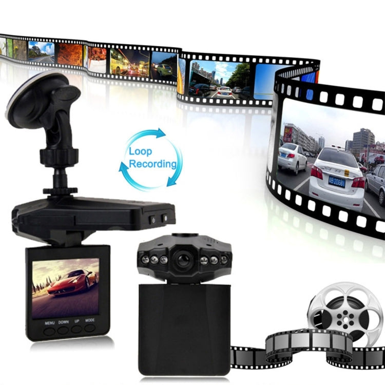 Black dash cam kit with 2.5-inch screen, suction mount, and loop recording icon.