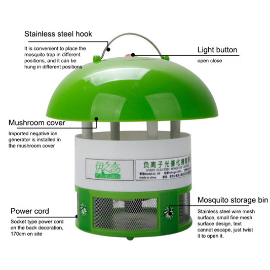 Green mosquito trap with mesh side vents and domed mushroom cover