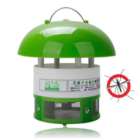 Green electric mosquito trap lamp with arched handle and ventilated mesh base