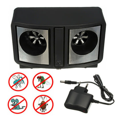 Black dual-speaker ultrasonic mouse repeller with power cord and plug