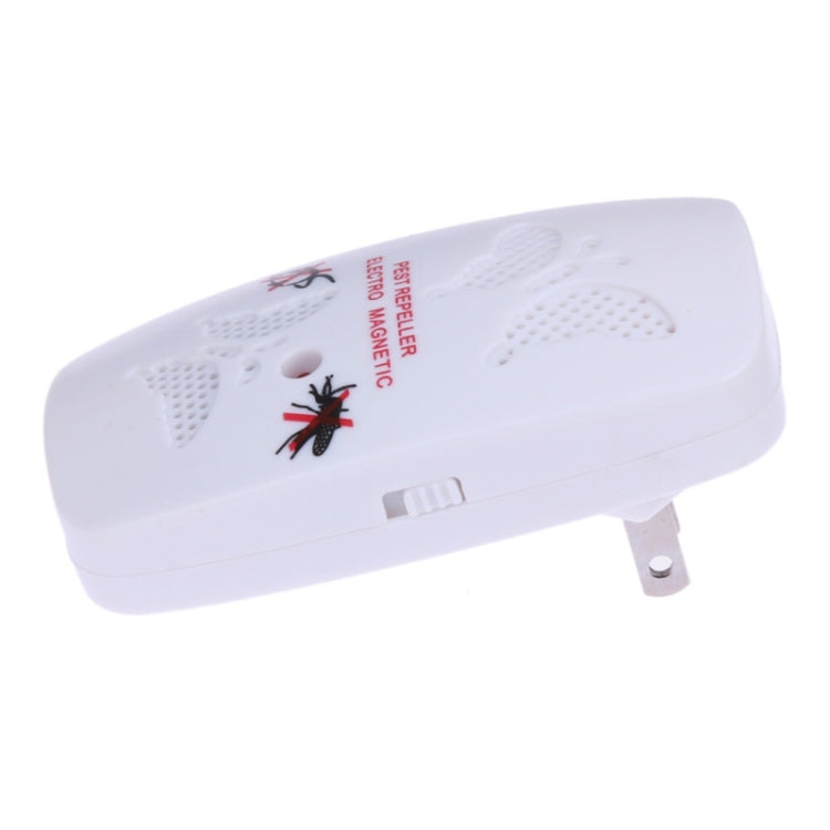 Plug-in ultrasonic pest repeller device, white, angled view with power plug base