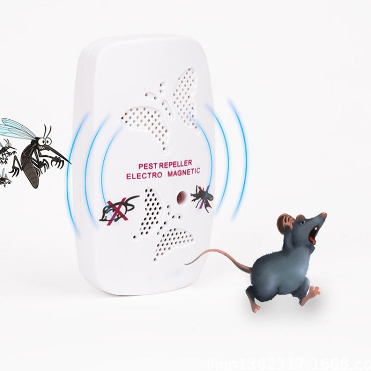 Plug-in ultrasonic pest repeller, white wall-style unit with blue sound-wave lines