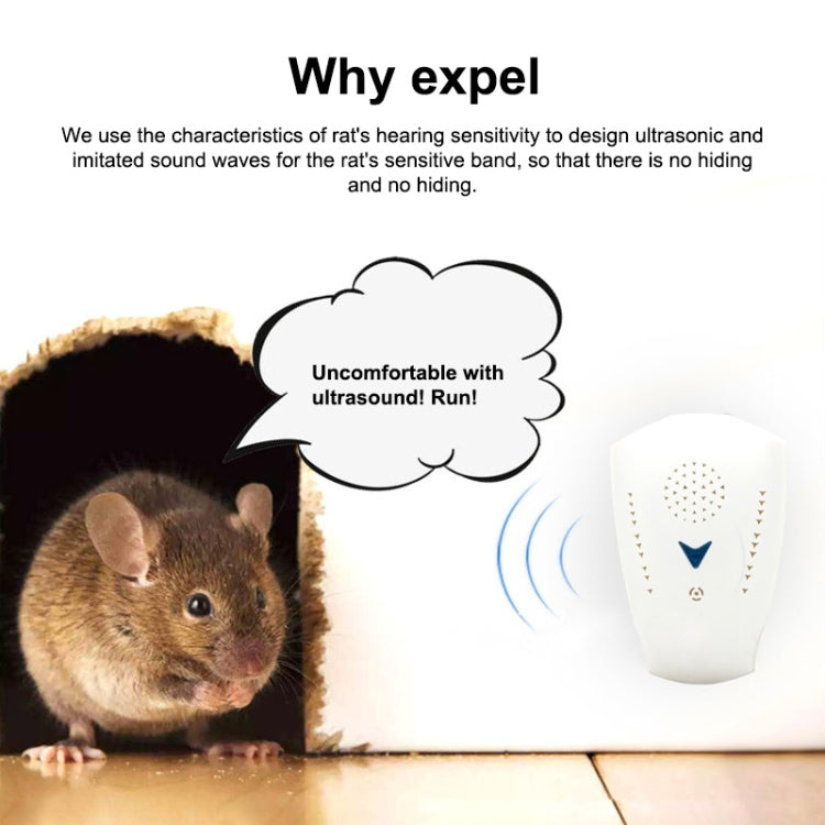 Ultrasonic pest repeller infographic with small white plug-in device and sound waves