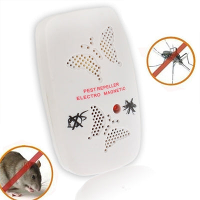 White ultrasonic pest repeller device with speaker-like vent holes and insect icons