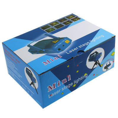 Laser stage lighting mini projector in retail box with blue cloud-style graphics