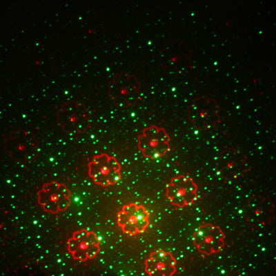 Green laser dot pattern with red flower clusters