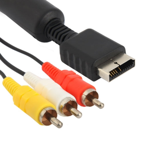 PS2 AV component cable with black housing and three RCA plugs (red, white, yellow)