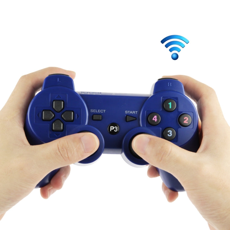 Blue wireless PS3 controller in hands, dual analog sticks and numbered action buttons