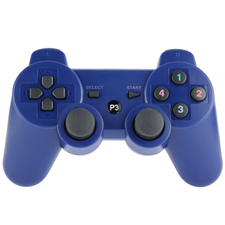 Blue wireless PS3 controller front view with D-pad, SELECT/START and action buttons