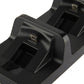 Close-up of black dual charging dock connectors on two controller bays