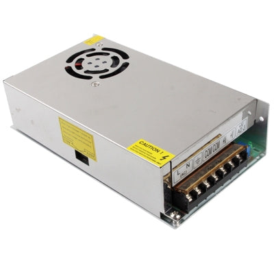 Regulated DC switching power supply with cooling fan and metal enclosure