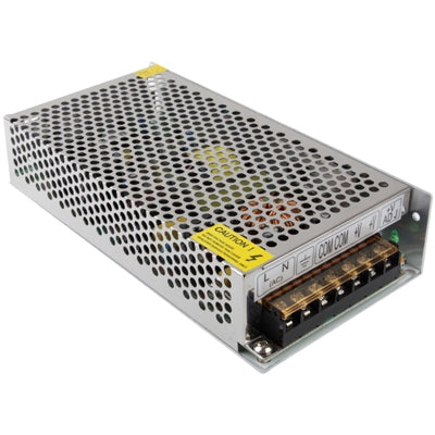 Regulated switching power supply with vented metal casing and terminal connector on side